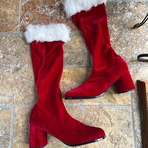GOGO Red Velvet Heeled Boots with White Fur Trim